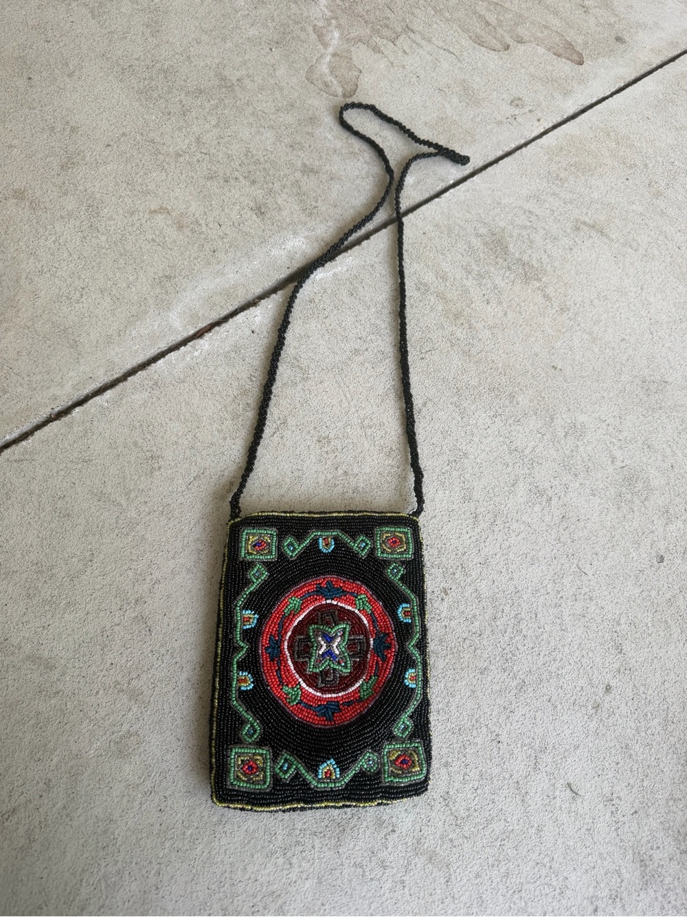 Black Beaded Crossbody Bag with Red & Green Medallion